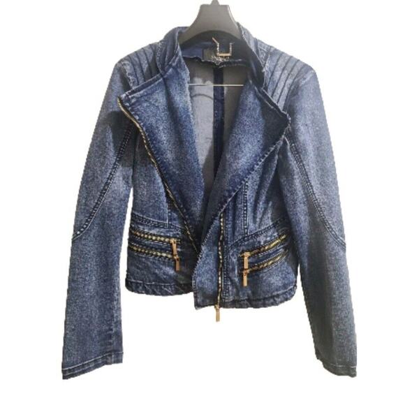 Women's Denim Asymmetrical Jean Moto Biker Style Jacket Asymmetrical Zip Blue XS - Picture 2 of 8